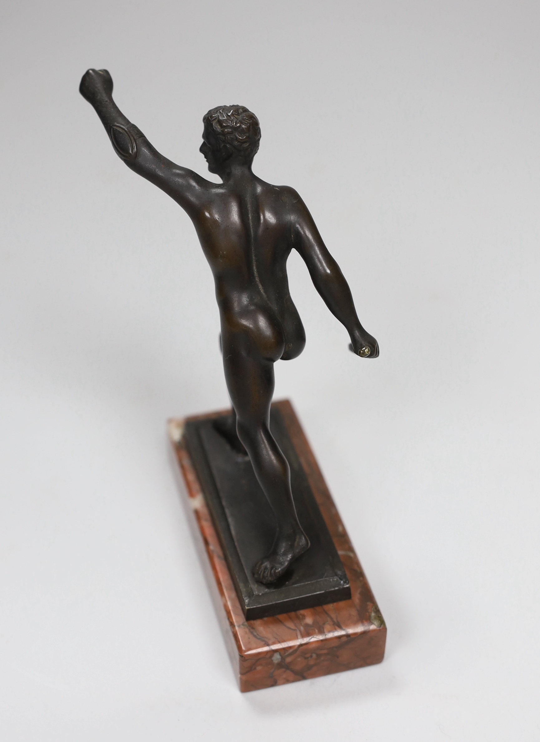 A bronze Borghese gladiator after the antique, on rouge marble plinth, 13.5cm high x 10cm wide